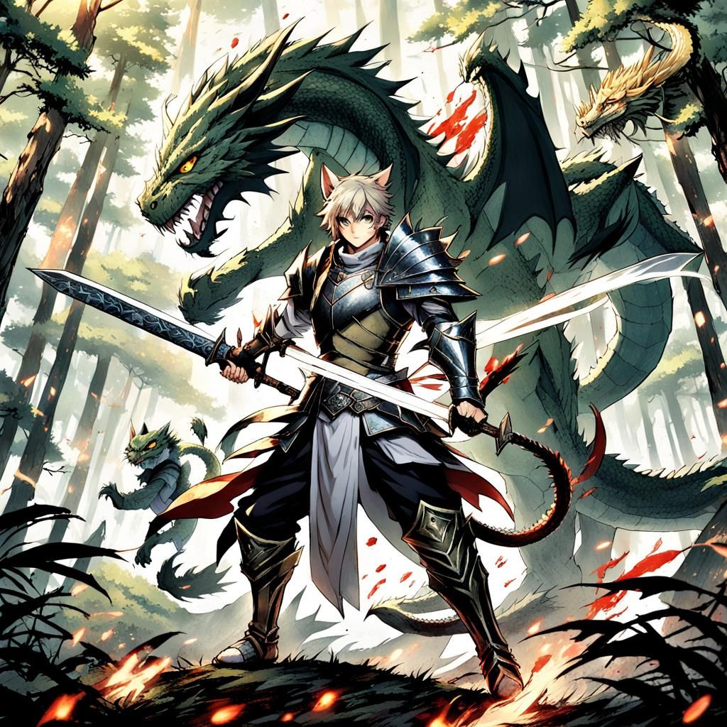 Cat-Human Warrior Faces Dragon: Anime Style