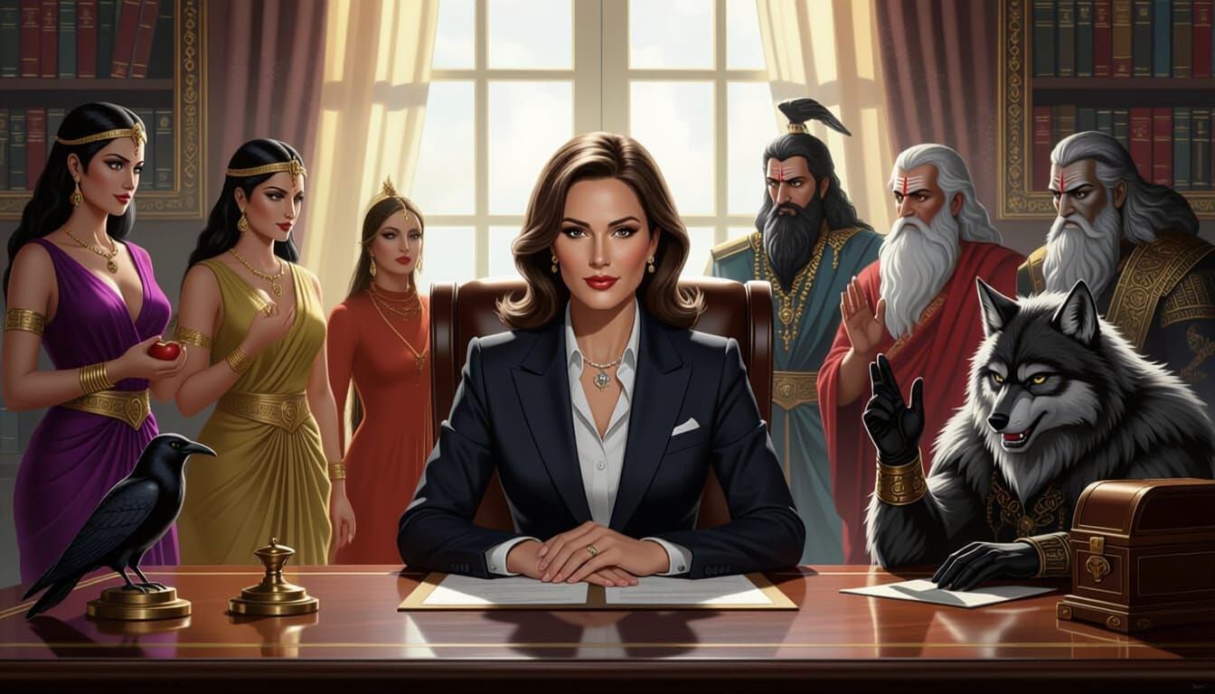 Female CEO with Mythical Figures at Desk