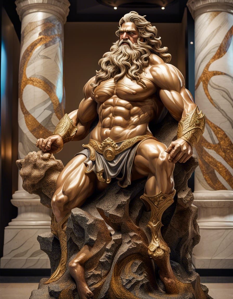 Giant Marble and Gold Poseidon Sculpture