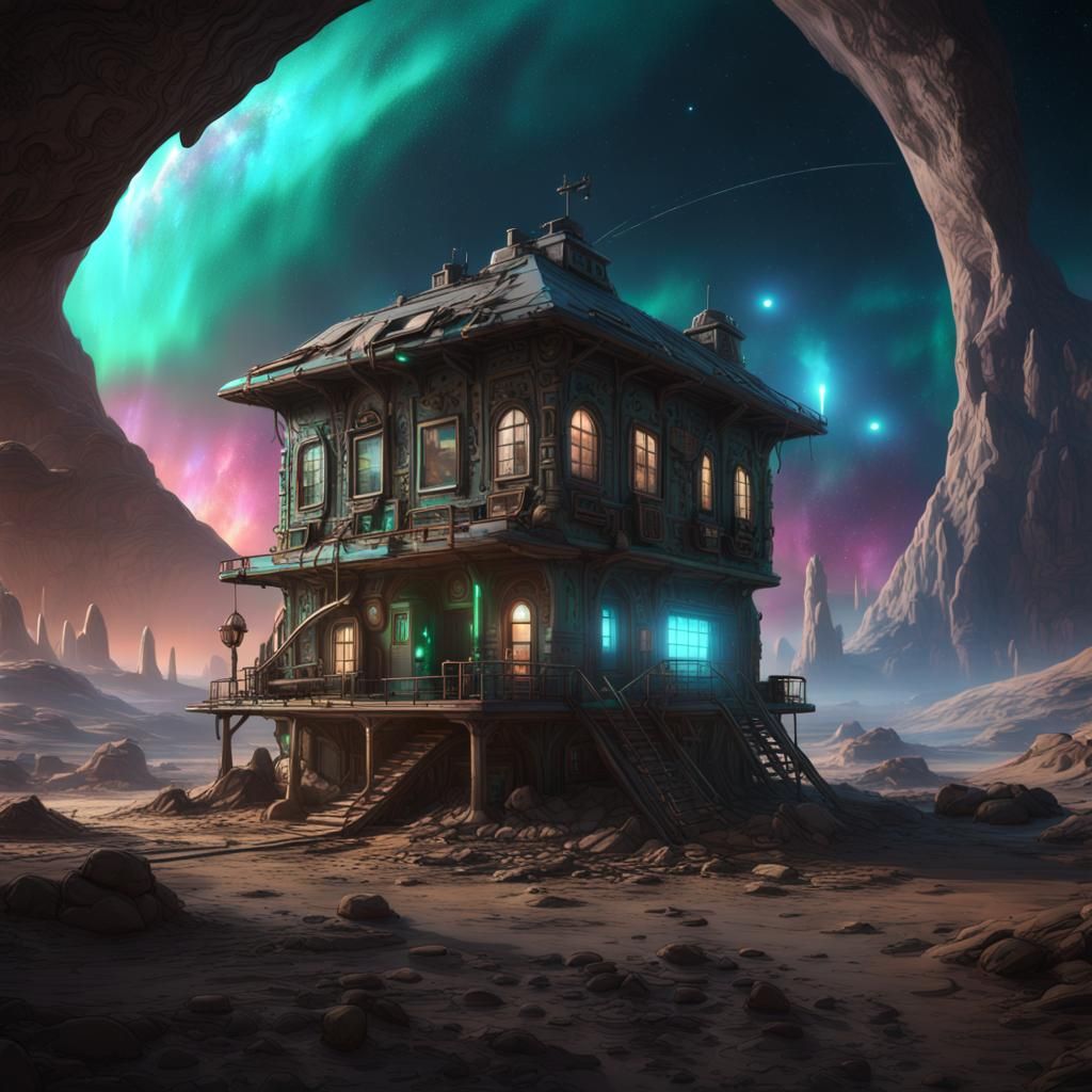 Mud House in Galaxy Under Cyan Aurora