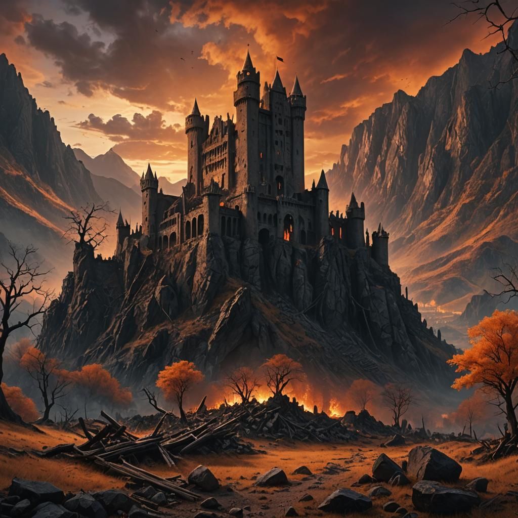 Sinister Ruined Castle Between Mountains