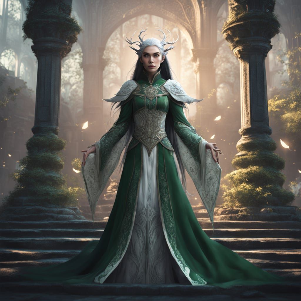 White Elf Sorcerer With Black Hair And Green Eyes