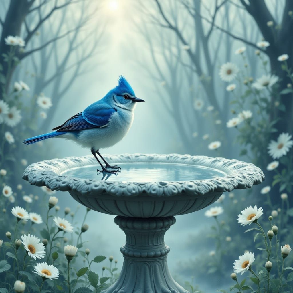 Bluebird on Birdbath in Ethereal Pastel Light