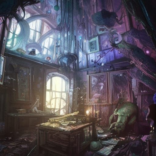 Epic Witch Room with Spirits in Digital Illustration