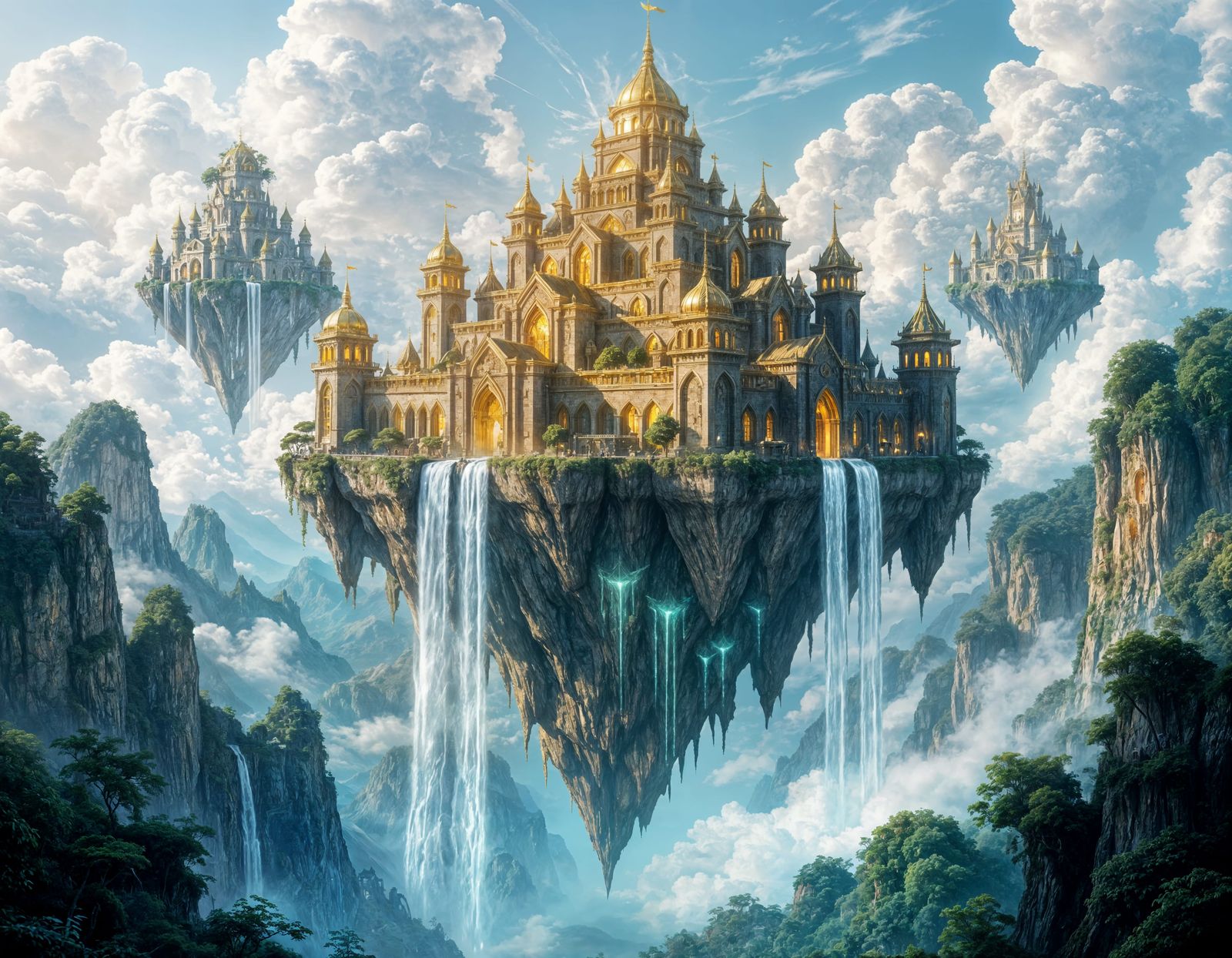 Floating Fortress Citadel Above Elven City in Fantasy Jungle