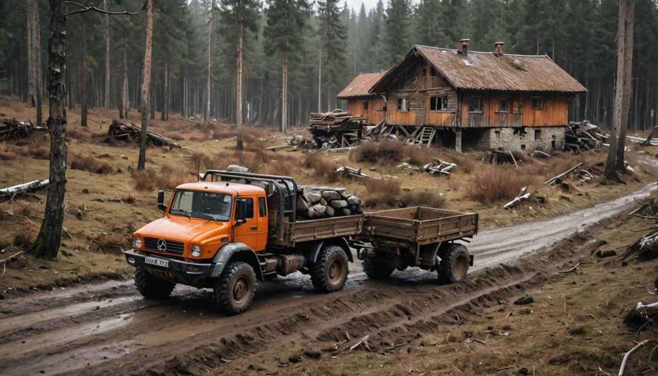 Orange Truck Off-Roading in Winter Snow