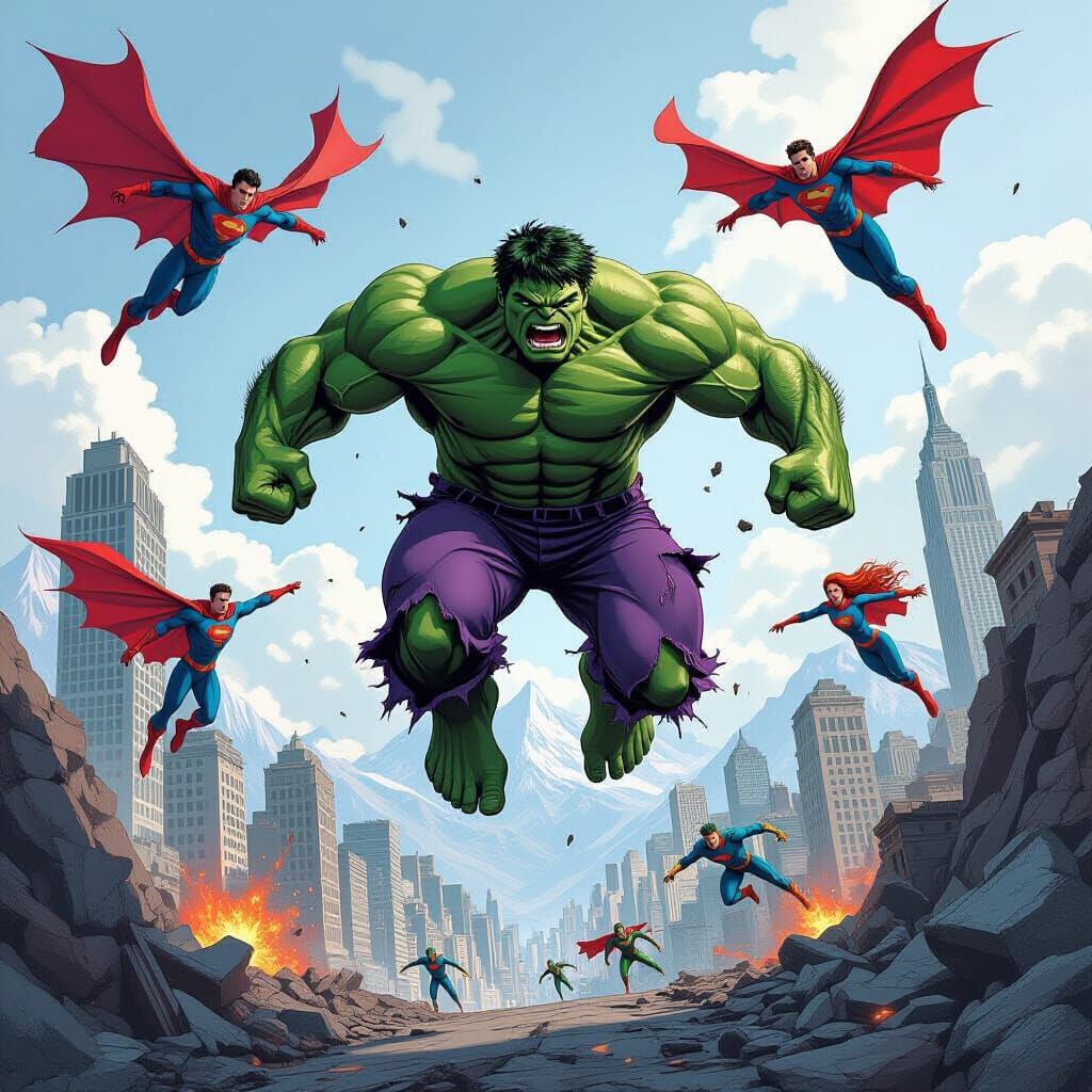 Hulk Leaps Over Mountains in Comic Book Style