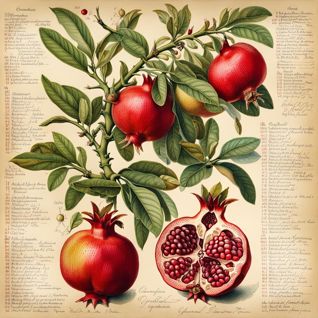 Detailed Pomegranate Plant Chart in Colorful Ink