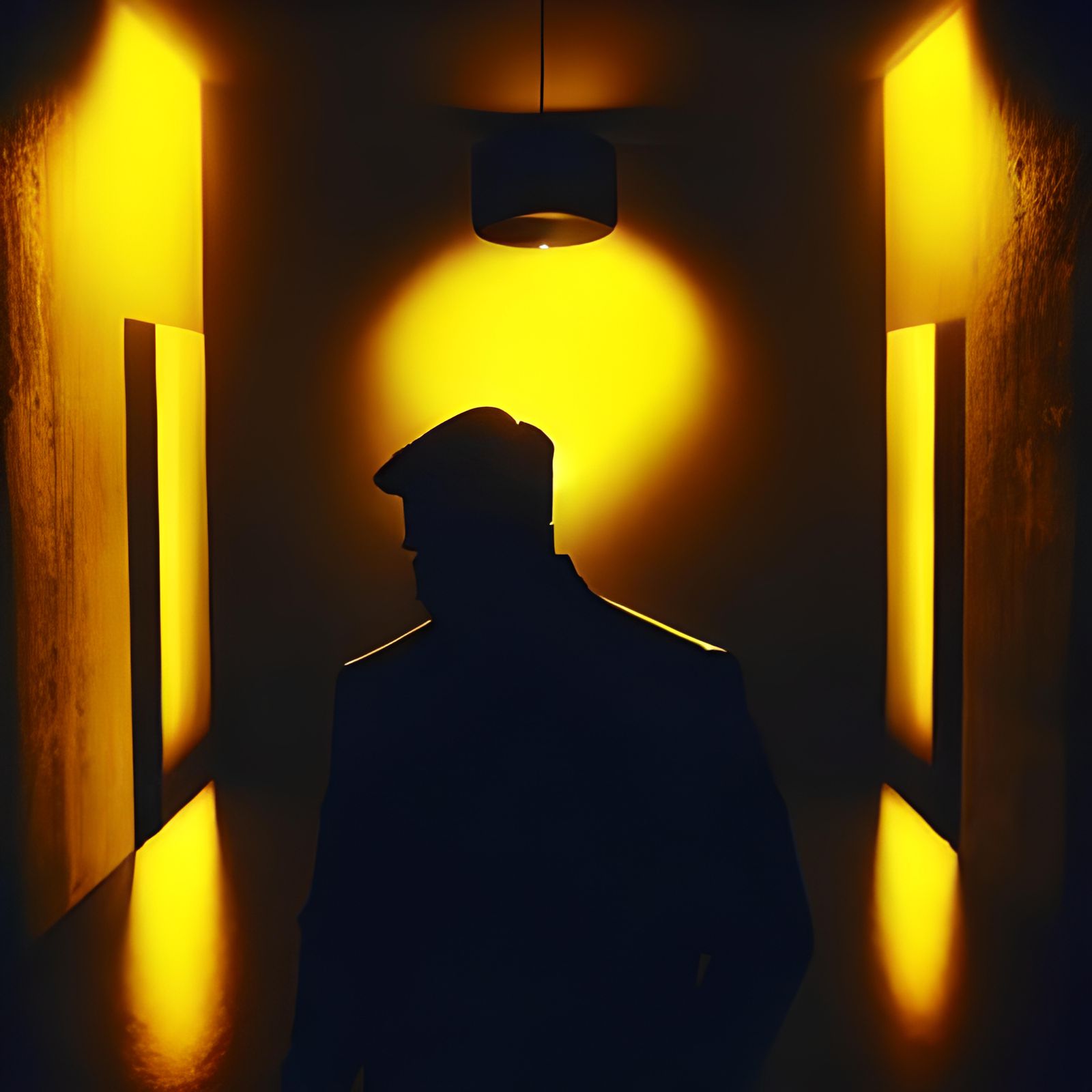 Silhouette in Dark Room with Yellow Lighting