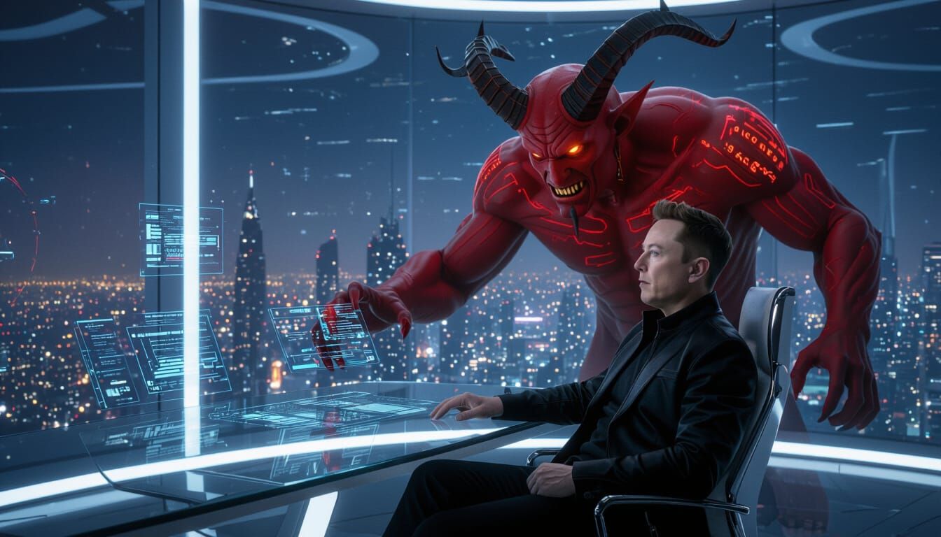 Futuristic Office: Man with Demon in Photorealistic Style