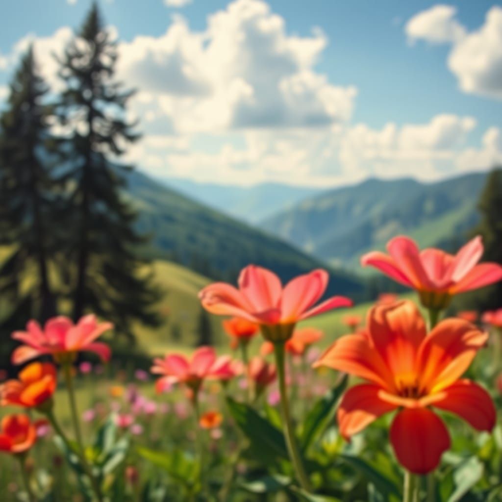 Surreal Flowers in Mountain Glade: Botanical Art