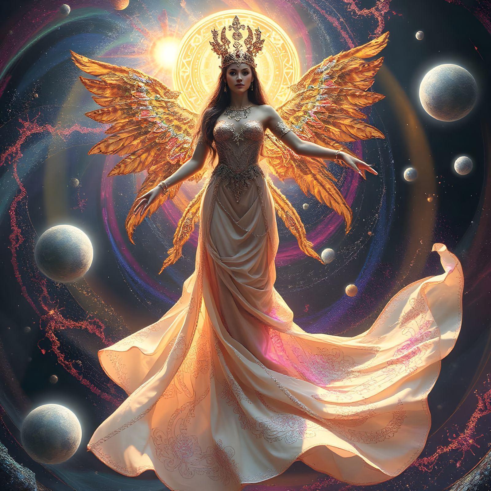 Beautiful anunnaki goddess in a sheer outfit and psychedelic coloring with worlds and twirls swirls and dips opalescent ...