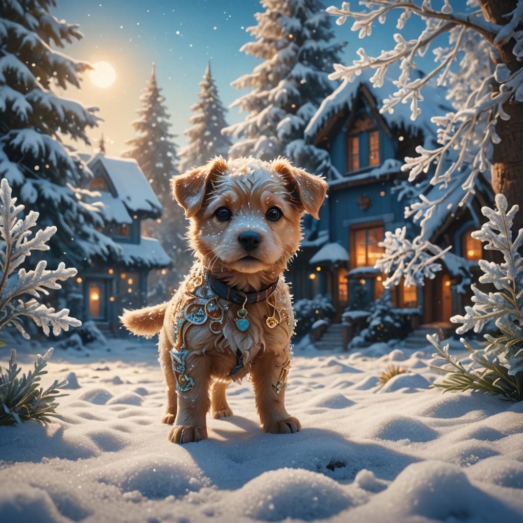 Festive Puppy Plays in First Snow: Digital Art