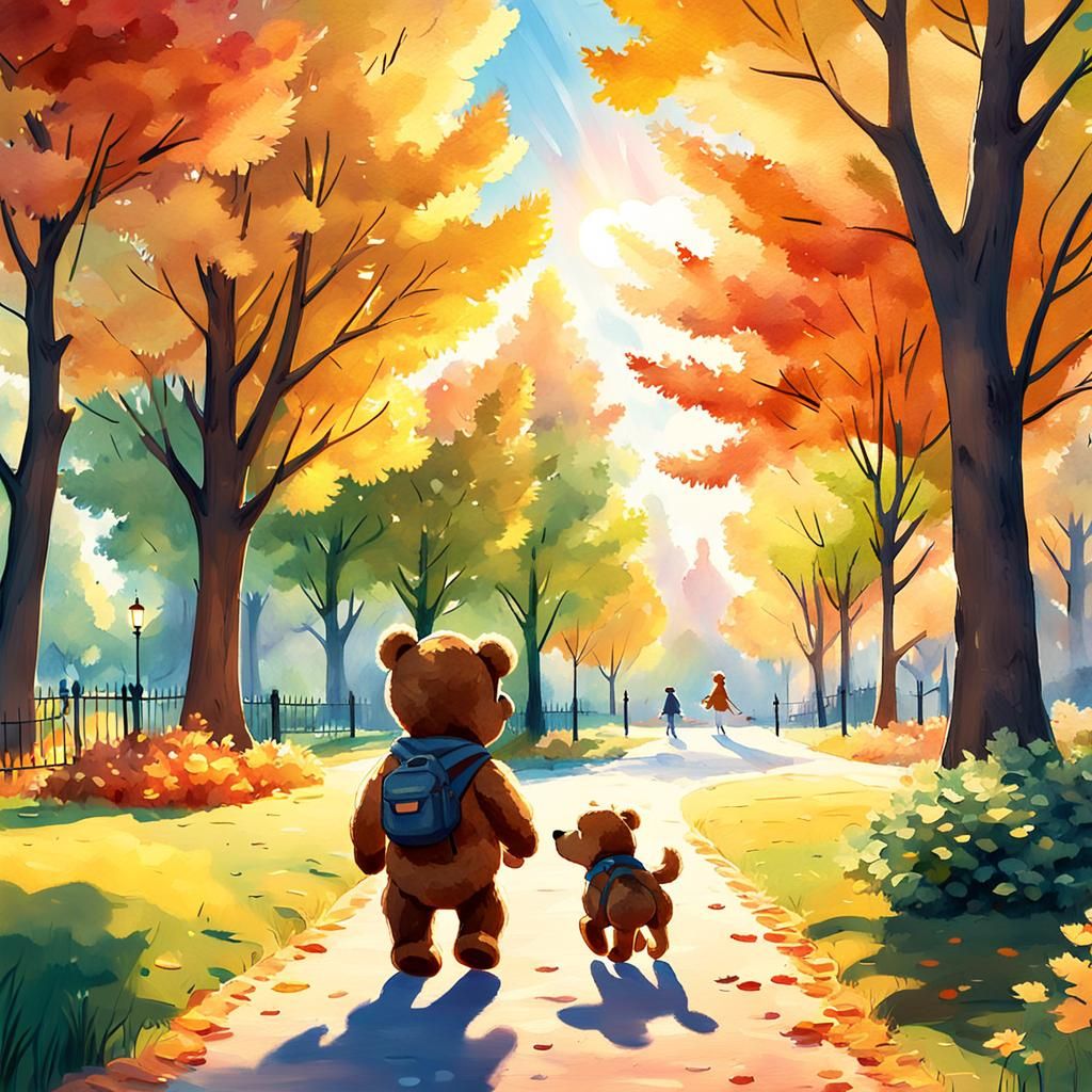 Teddy Bear Dog Walk: Whimsical 3D Concept Art
