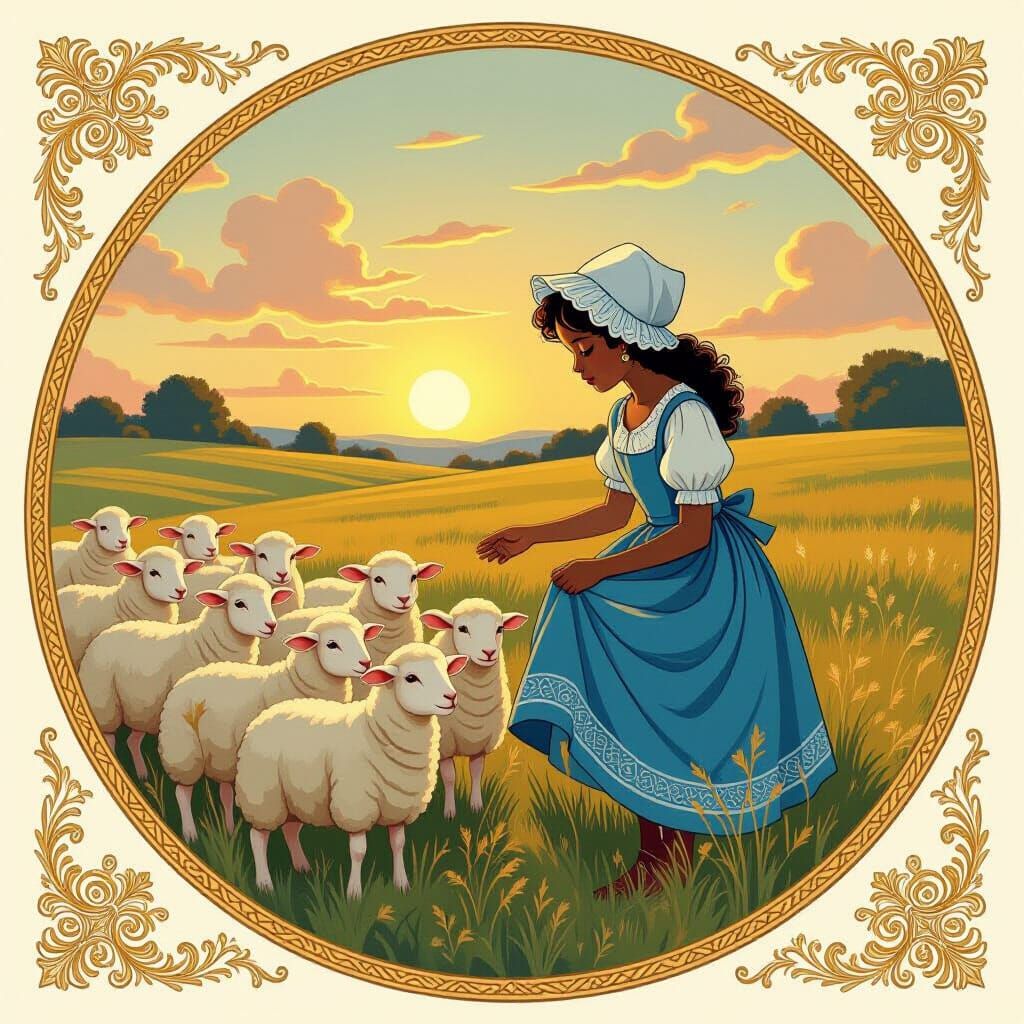 Little Bo Peep Gathers Sheep at Dusk in Golden Frame