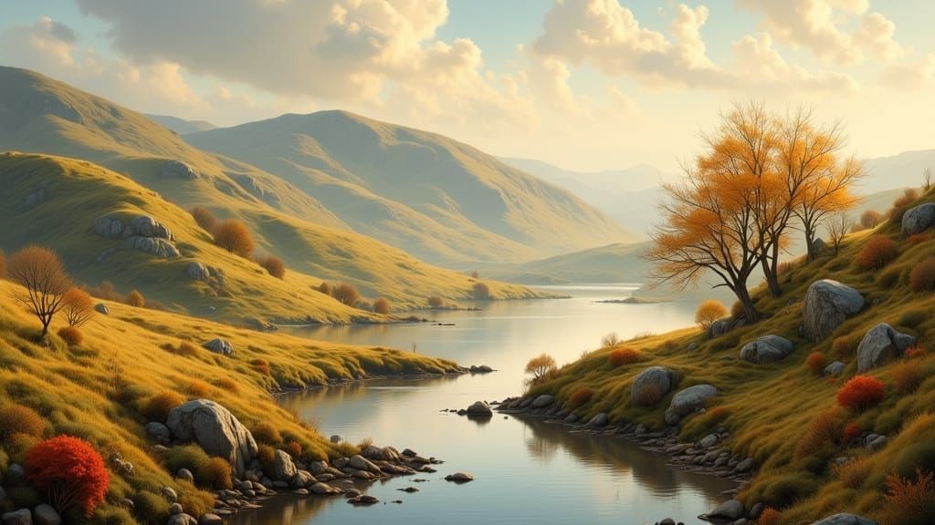 Golden Light on Rolling Hills in Impressionist Style