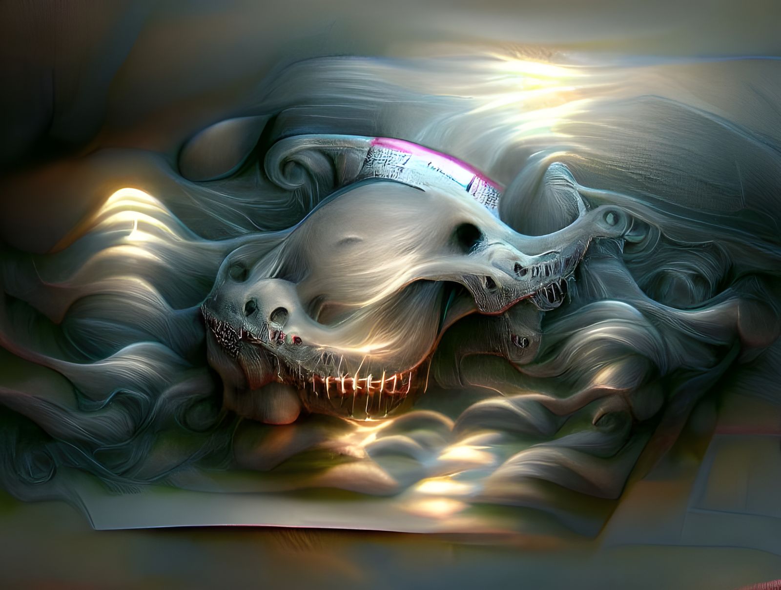 Sinister Skull Amidst Pastel Waves in Charcoal Style