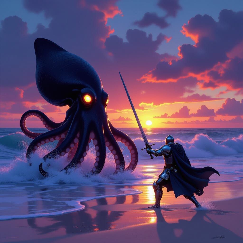 Knight Battles Giant Squid on Tropical Beach Sunset