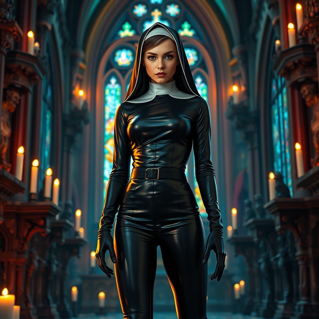 Gothic Nun in Latex Habit Exudes Confidence against Ornate C...
