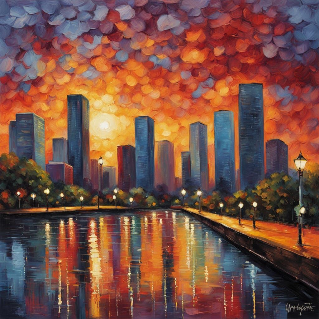 Houston Cityscape in Neo-Impressionist Oil Painting Style