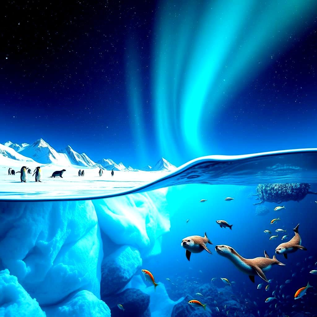 Surreal Arctic Landscape with Glowing Ice and Sea Life