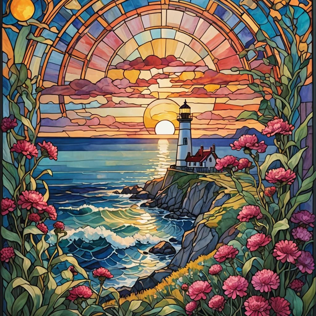 Art nouveau stained glass, lighthouse on a cliff, globe amaranth, brilliant sunrise