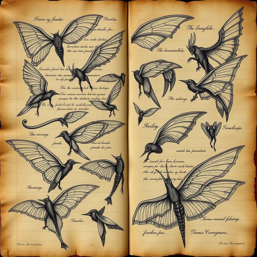 Voynich Manuscript Page with Surreal Wing Illustrations