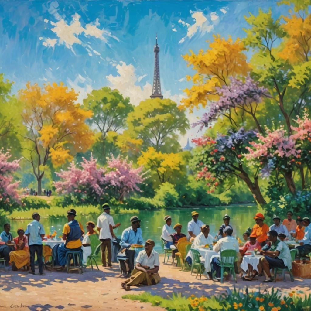 Impressionist Park Scene with Eiffel Tower