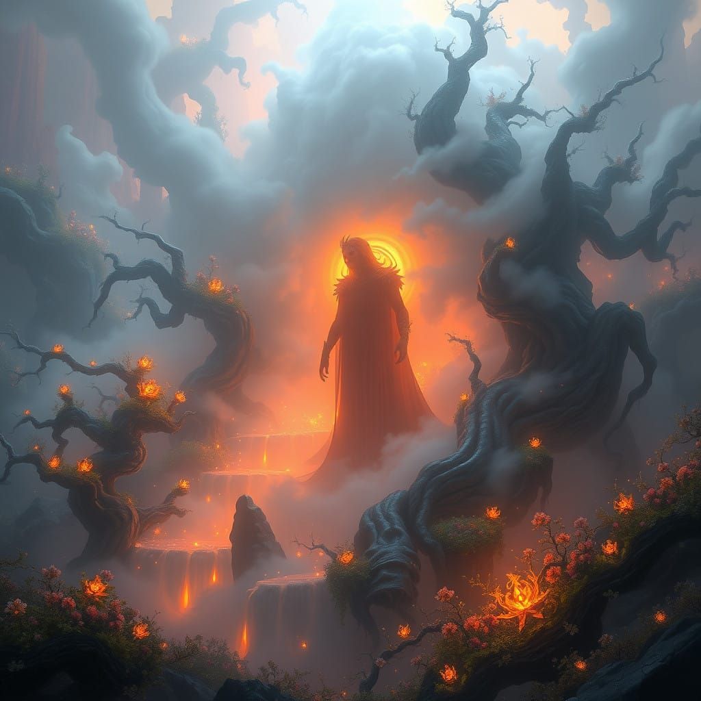 Mystical Being in a Fantastical Landscape with Iridescent Mi...