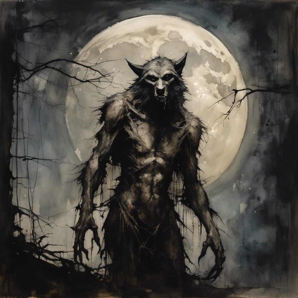 Werewolf Transformation Under Full Moon in Dark Forest
