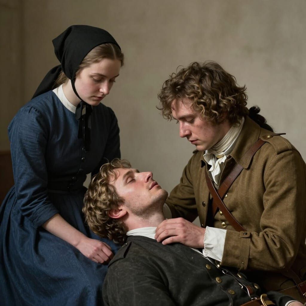 1776 American Militiaman Tended by Quaker Woman