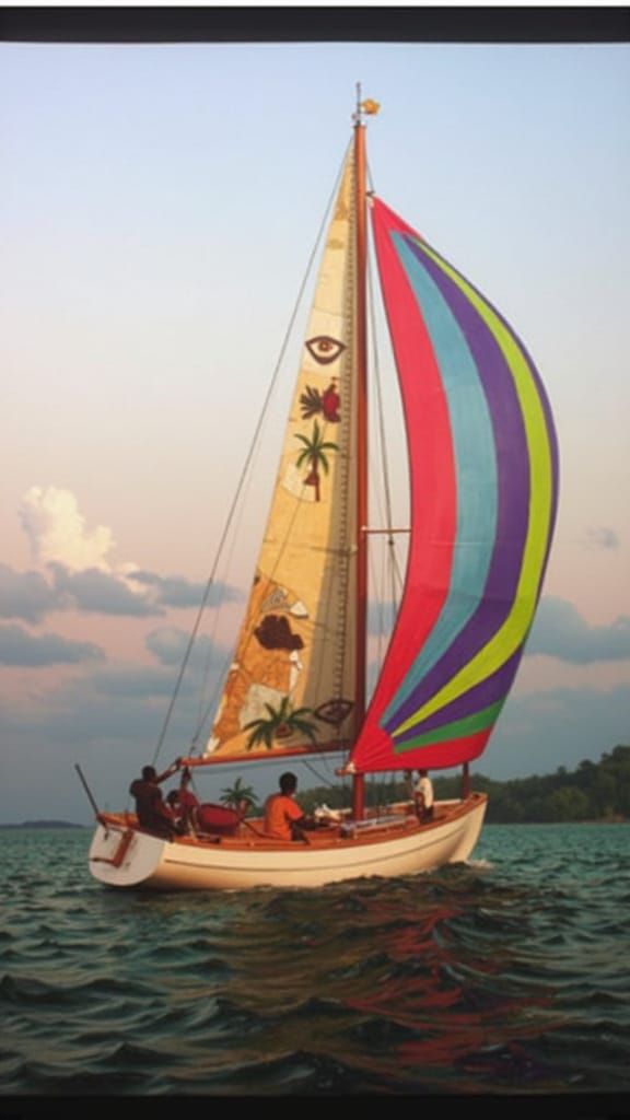 Sailboat in Vibrant Turquoise Waters, Inspired by Impression...