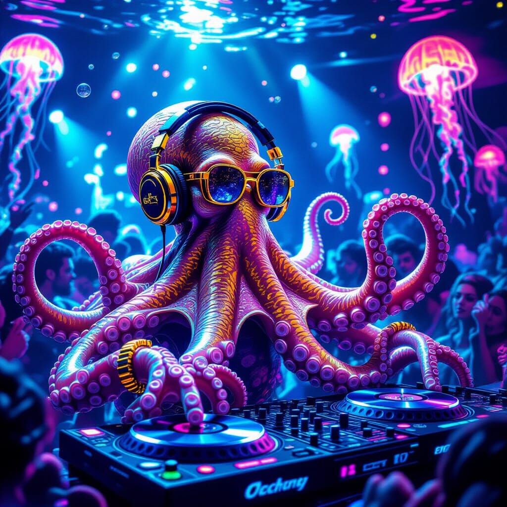 Octopus DJ in Neon Underwater Club