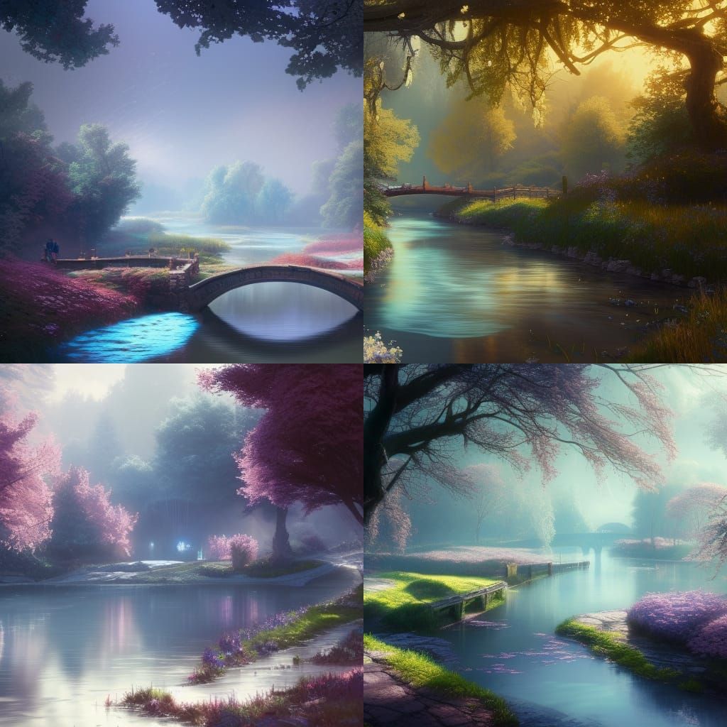 Dreamy Spring Landscape with Blue River in Art Nouveau Style