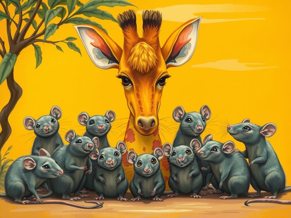 Eleven Rats Gather Around Whimsical Yellow Giraffe on Golden...