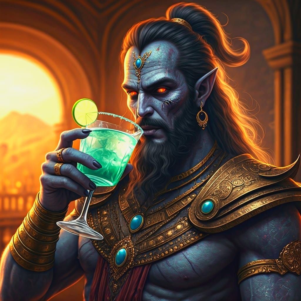 Mythical Djinn Enjoys Luxurious Cocktail in Hyperrealist Sty...