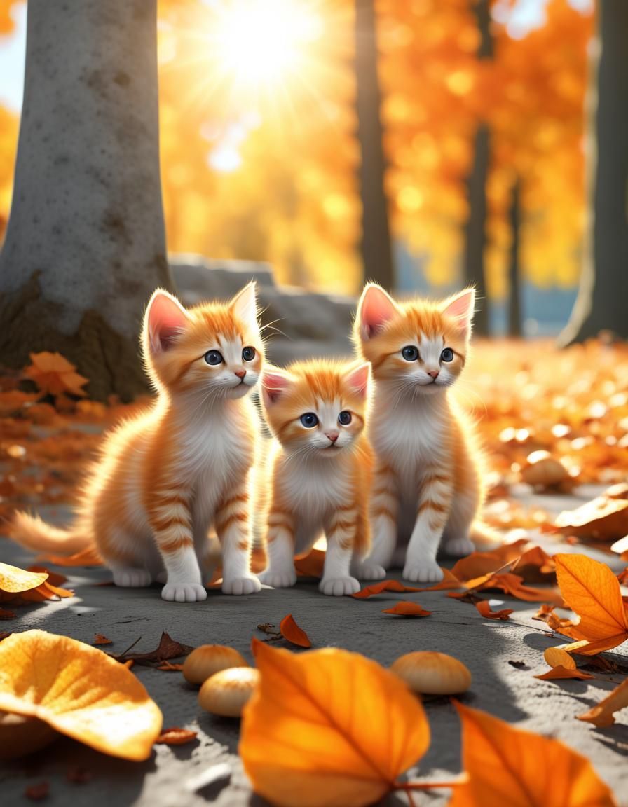 Hyperrealistic Kittens Playing in Autumn Leaves