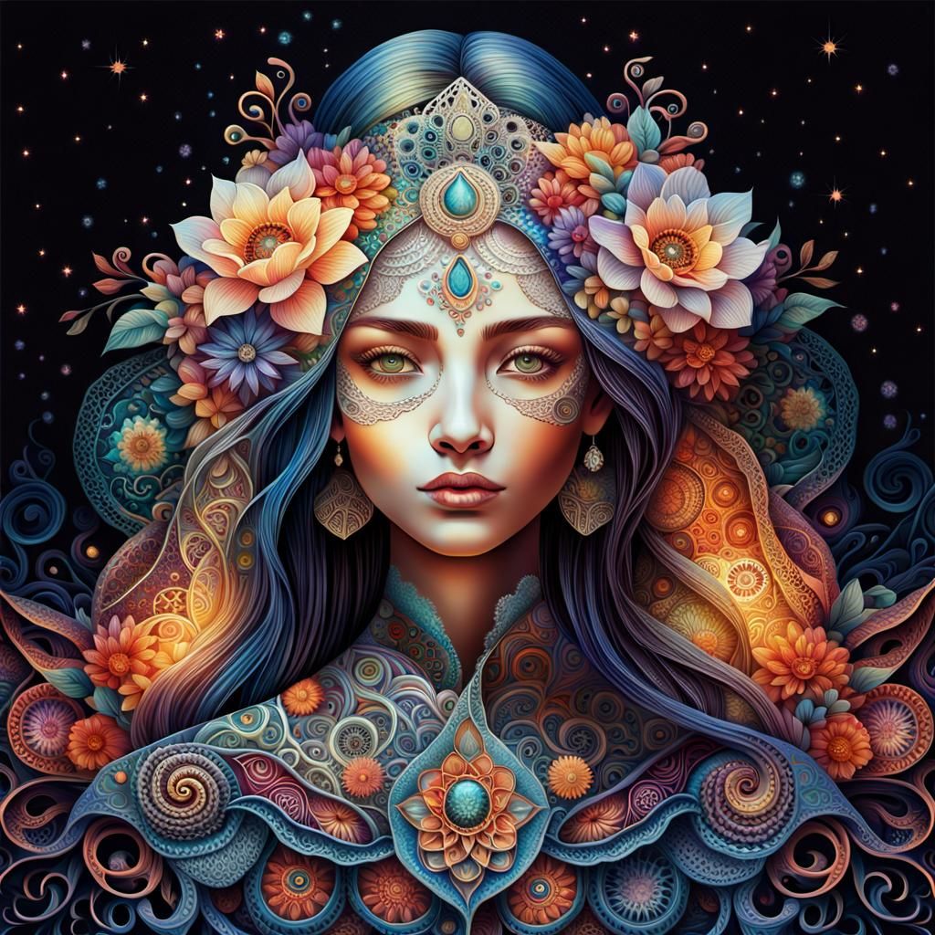 Mystical Woman with Lace and Floral Patterns