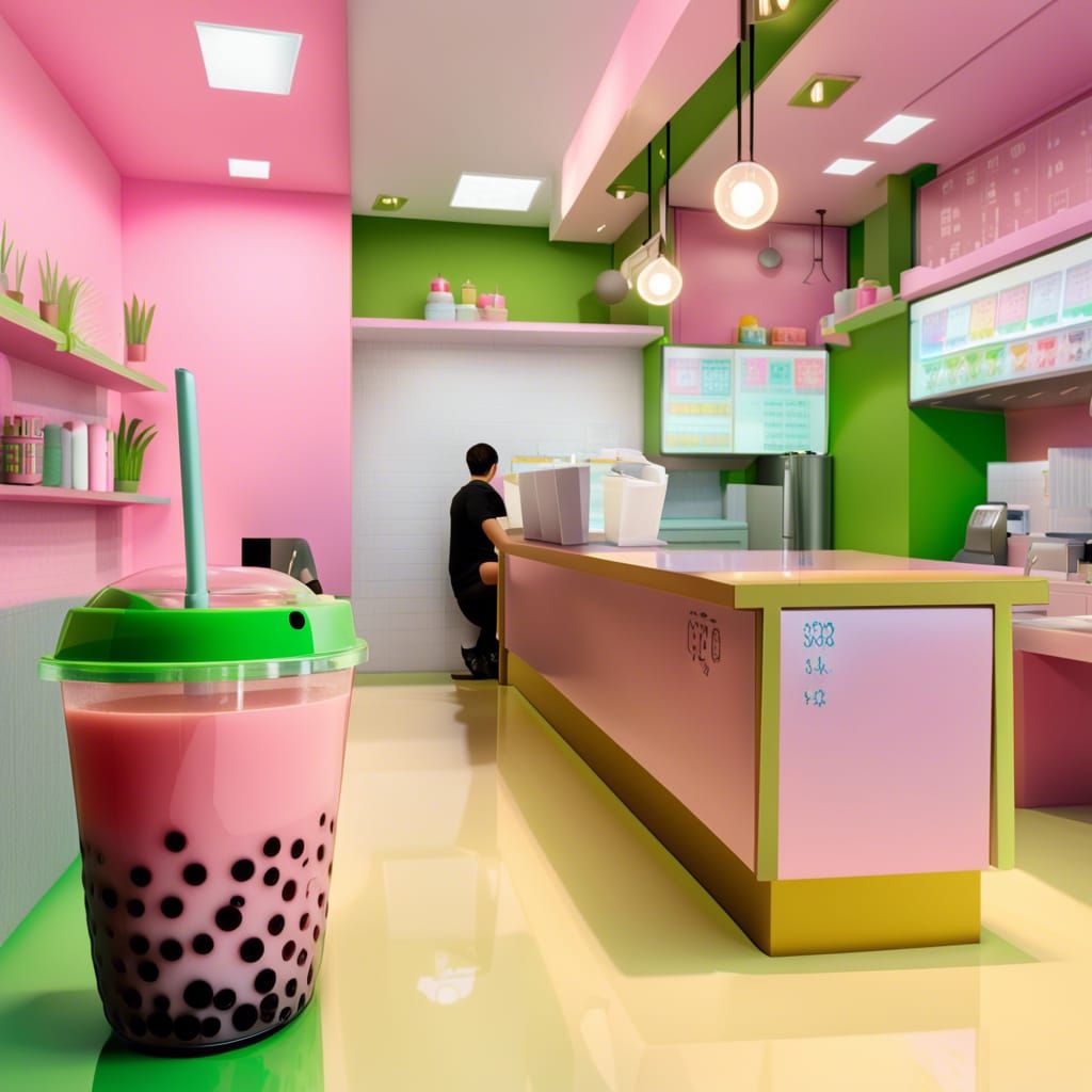 Cozy Boba Tea Shop in Pastel Colors