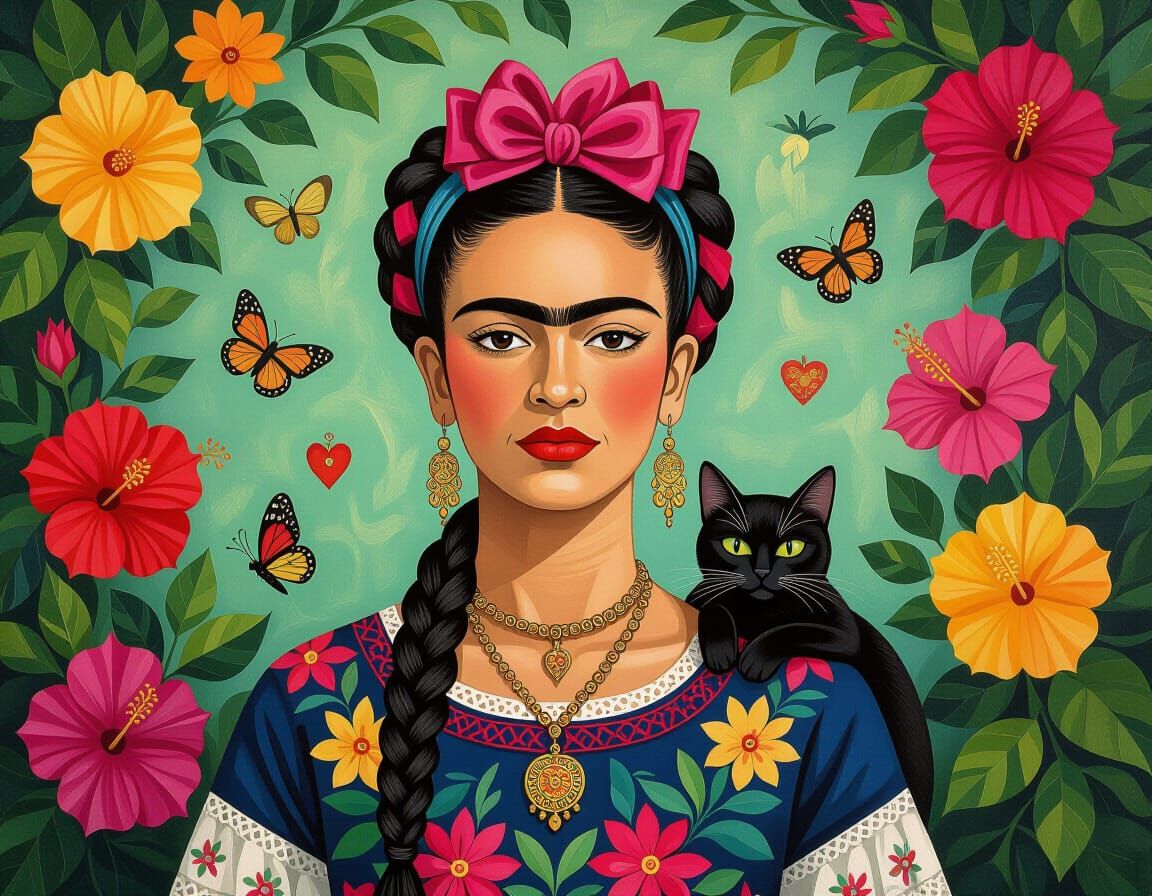 Black Woman in Crowned Braids, Frida Kahlo Style
