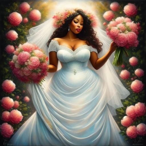 Elegant Plus-Sized Bride with Peonies in Oil Pastel Style