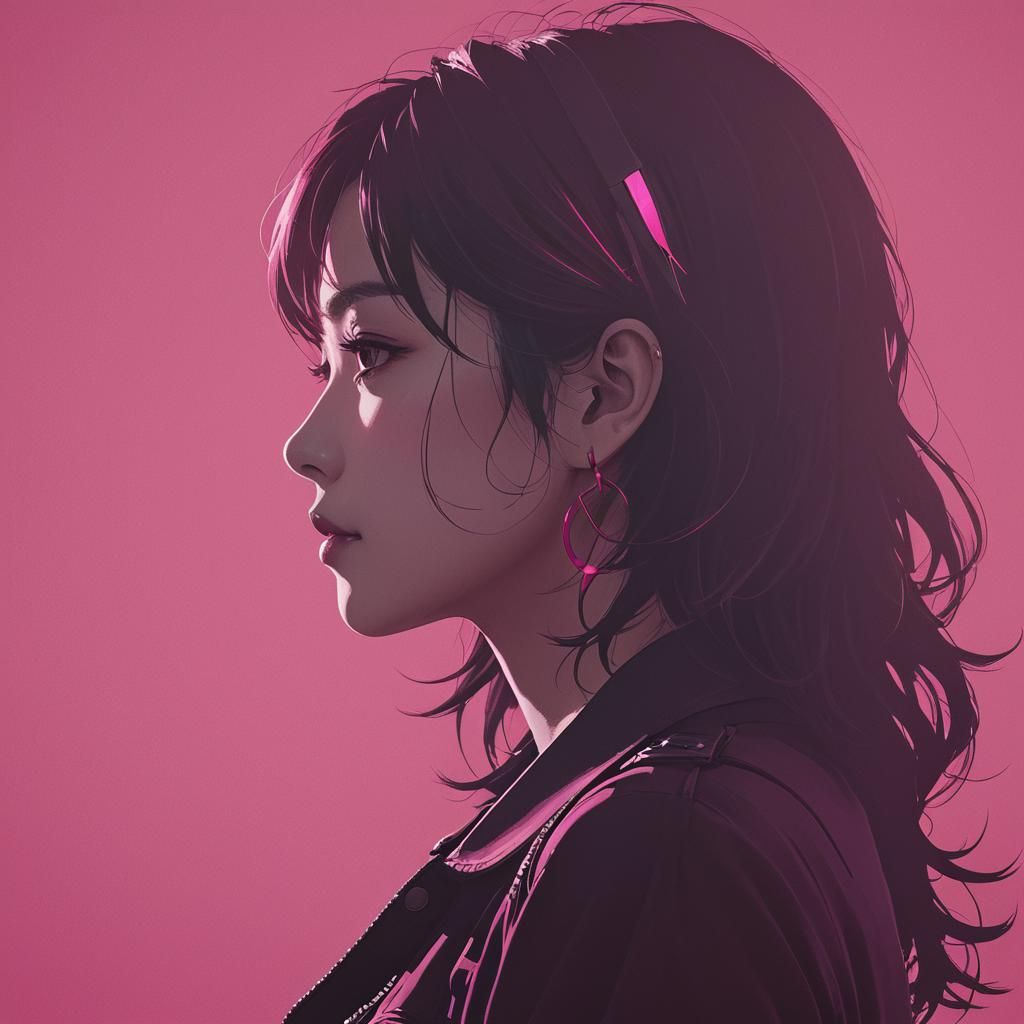 Vibrant Pink Silhouette Portrait in Anime Style