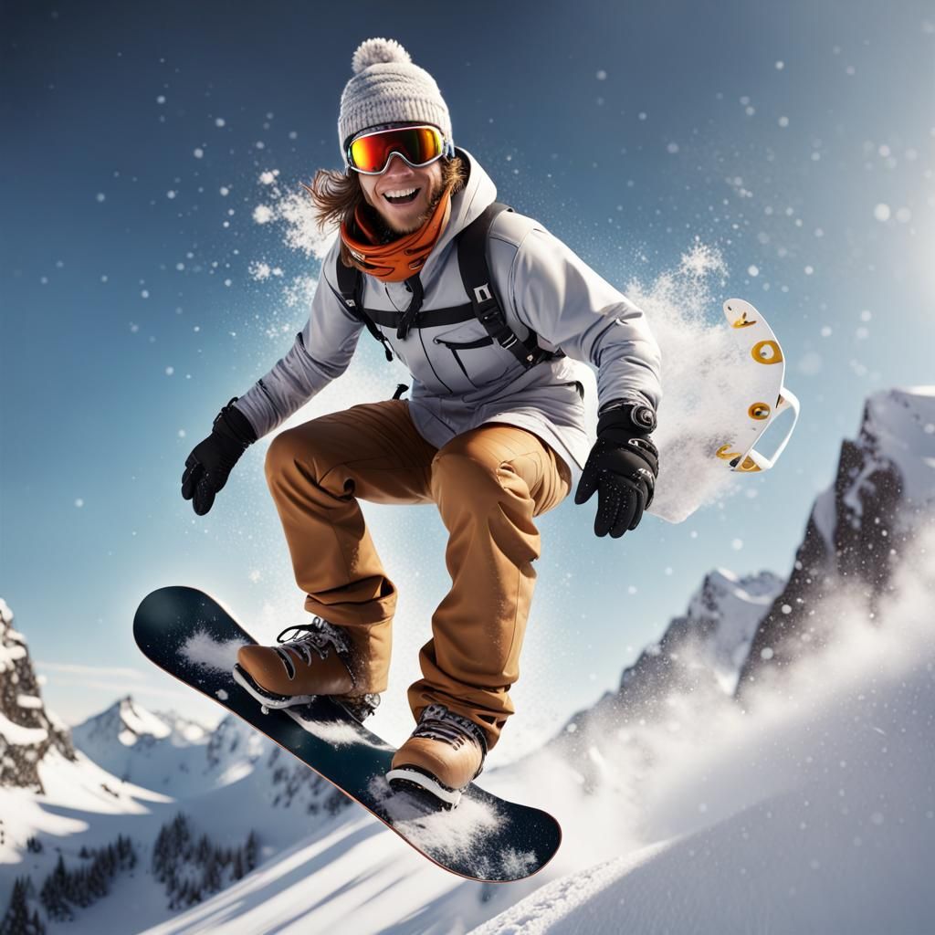 Snowboarder's 360 Turn in Snowy Mountains