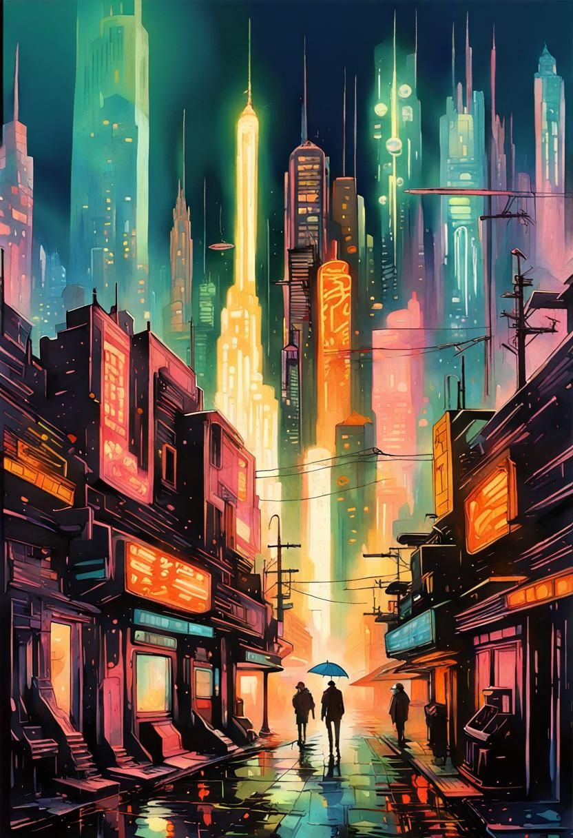 Retropunk Metropolis Modernization with Neon and Watercolor