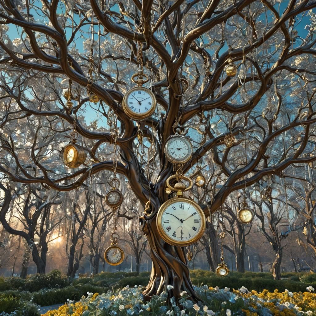 Surrealist Garden with Metallic Trees and Watch Flowers
