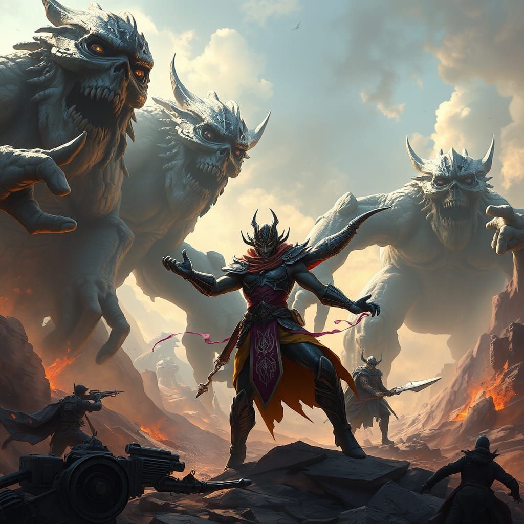 Superargo Battles Faceless Giants in Fantasy Landscape