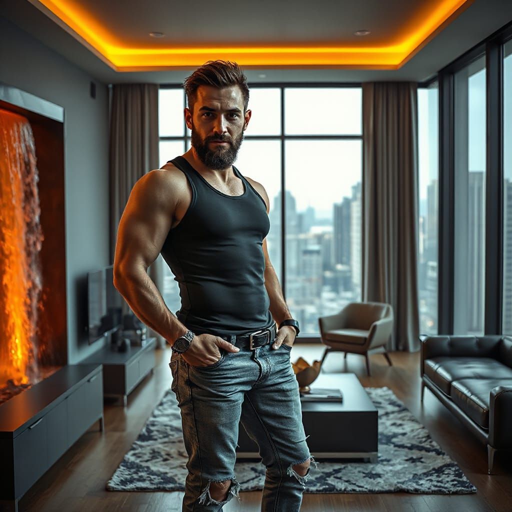 Lumberjack in Modern Apartment with Fluorescent Waterfall