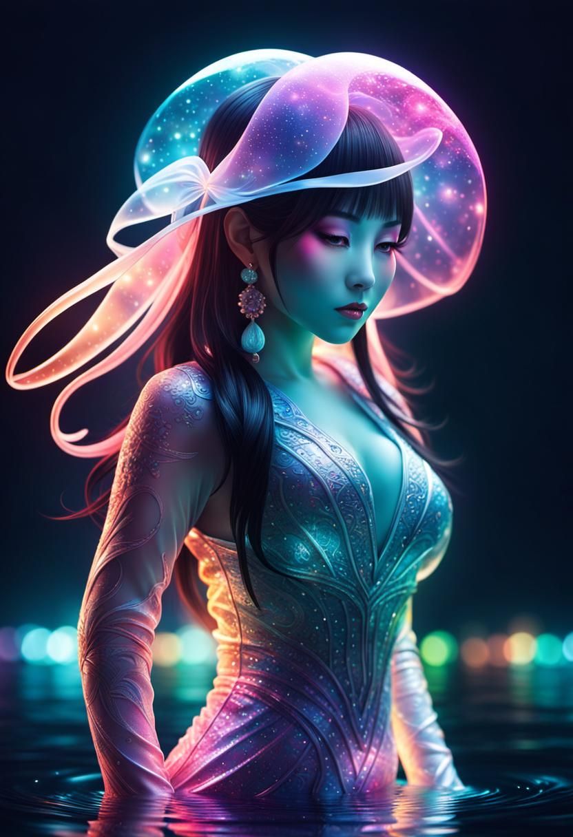 Japanese Goddess in Bunny Costume with Neon Lights