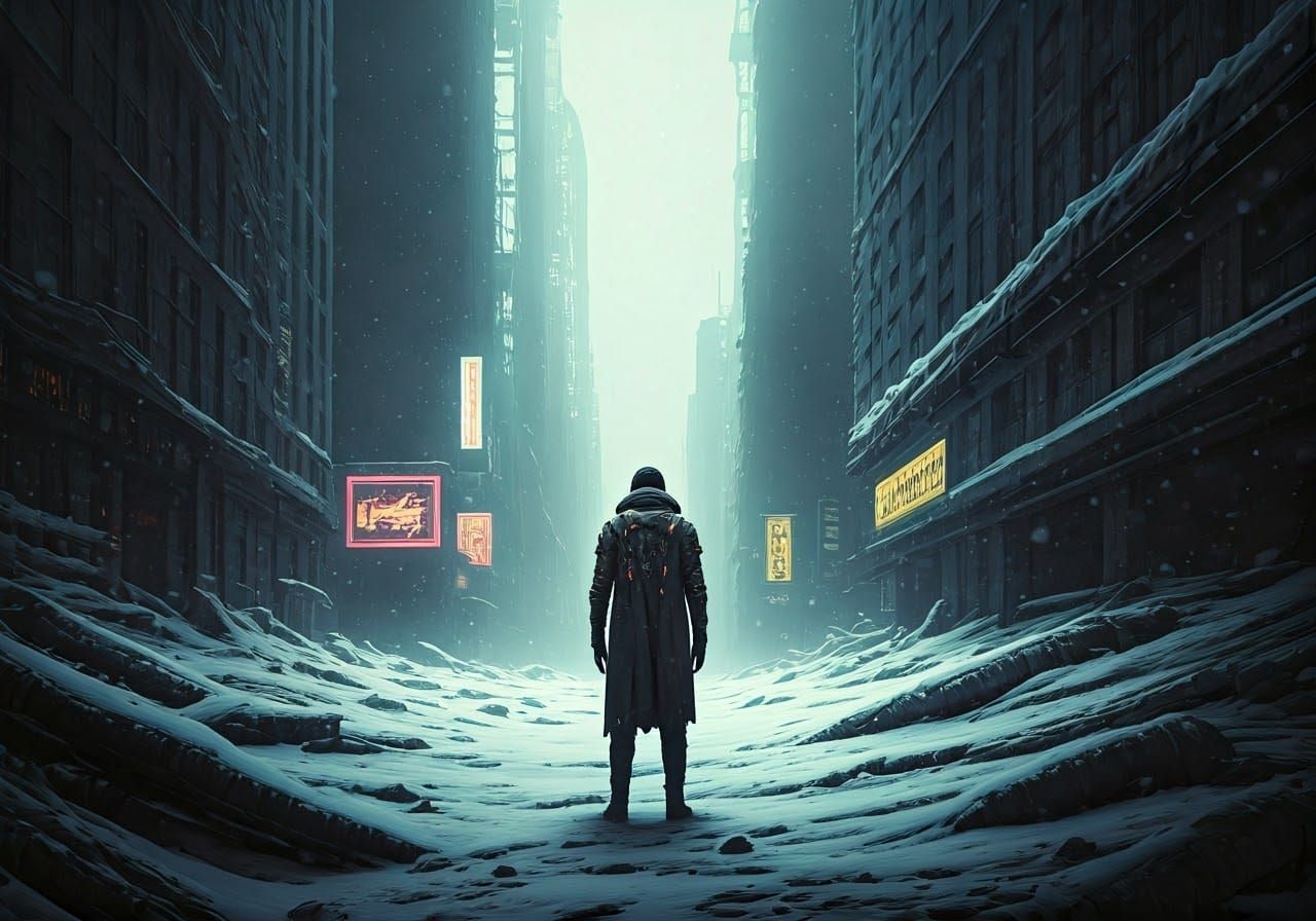 Cyberpunk Ruins in a Frozen, Post-Apocalyptic Cityscape