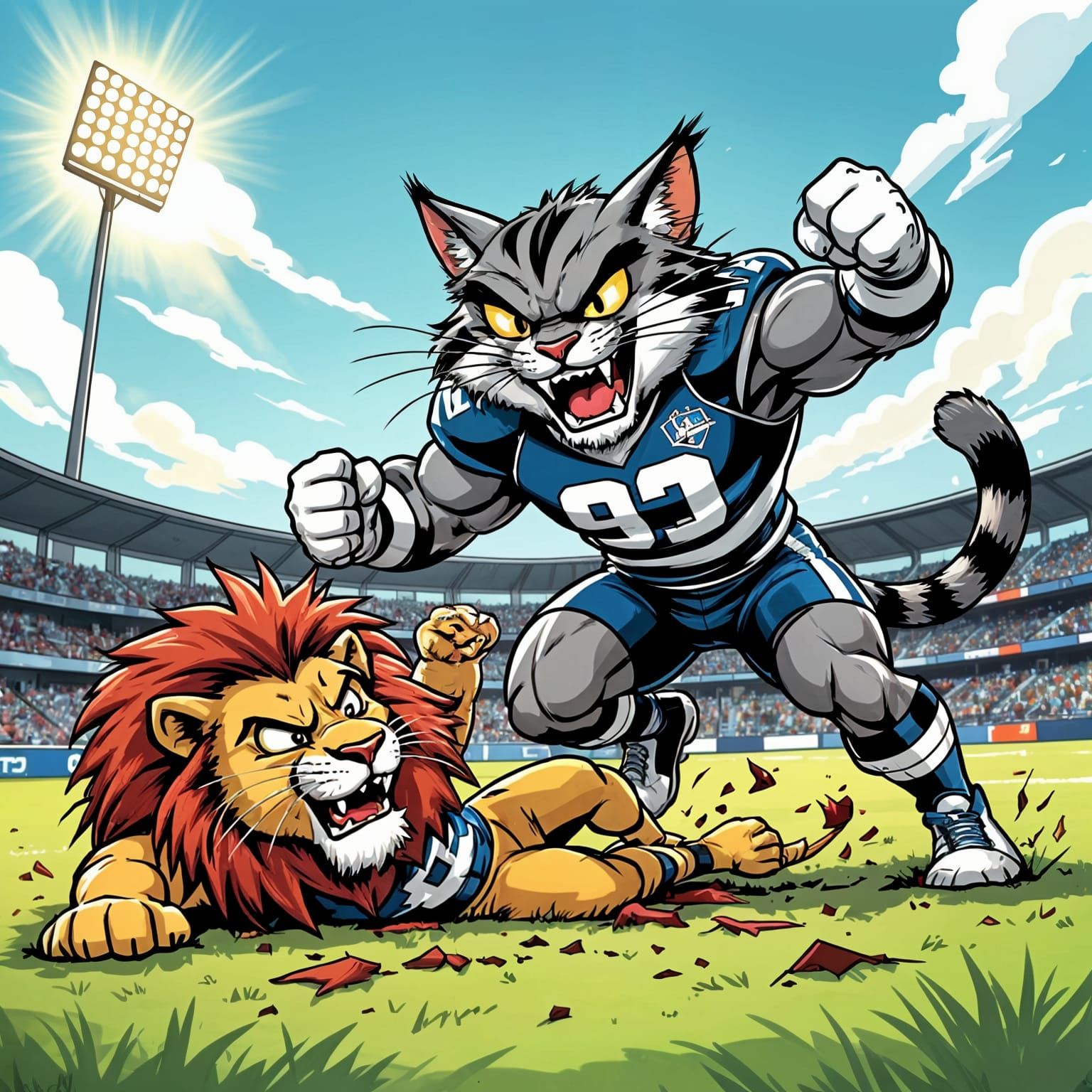 Cartoon Cat Mascot Victorious Over Lion in Grand Final